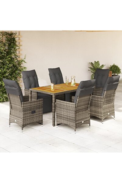 vidaxl Set bistro de gradina cu perne, 7 piese, gri, poliratan