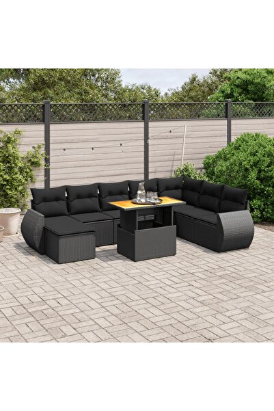 vidaxl Set mobilier de gradina cu perne, 9 piese, negru, poliratan