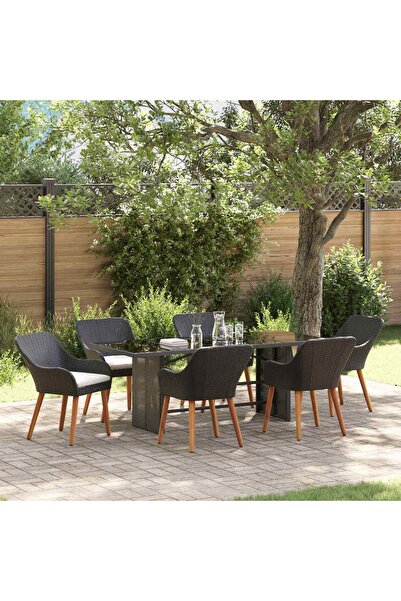 vidaxl Set de masa pentru gradina cu perna 7 pcs Negru poliratan