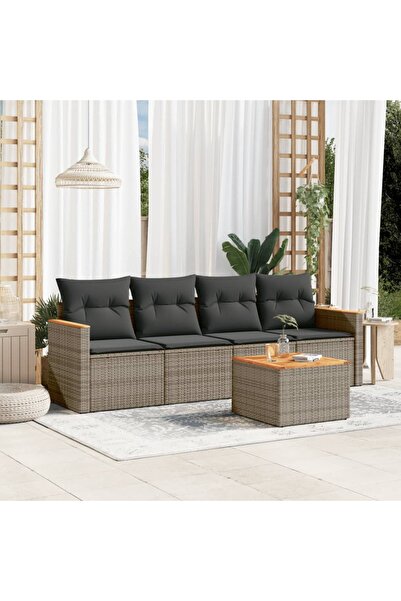 vidaxl Set canapea de gradina cu perne, 5 piese, gri, poliratan