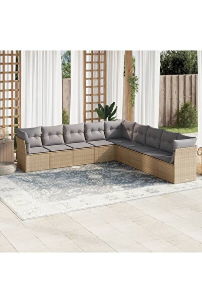 vidaxl Set canapele de gradina, 9 piese, cu perne, bej, poliratan