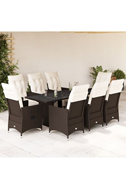 vidaxl Set bistro de gradina cu perne, 9 piese, maro, poliratan