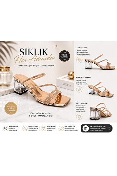 KuMsaL Butik Ayakkabı Stylish Women's Slippers with Stripe Stones and 3 Strips and Transparent Heels