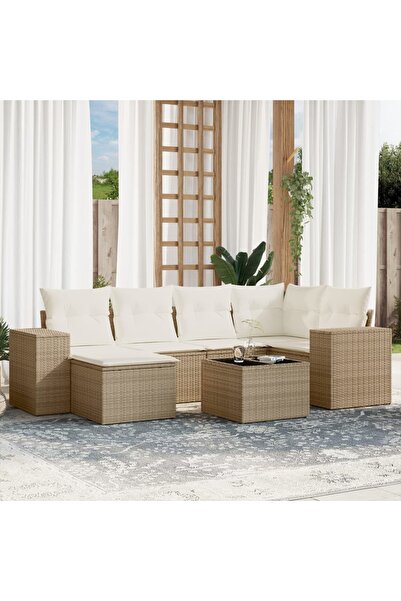 vidaxl Set canapele de gradina, 7 piese, cu perne, bej, poliratan