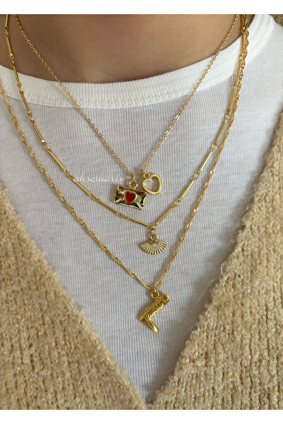 aksesuaris 3’lü Trend Tasarım Zincirli Yelpaze Kovboy Charm Gold Kolye Set