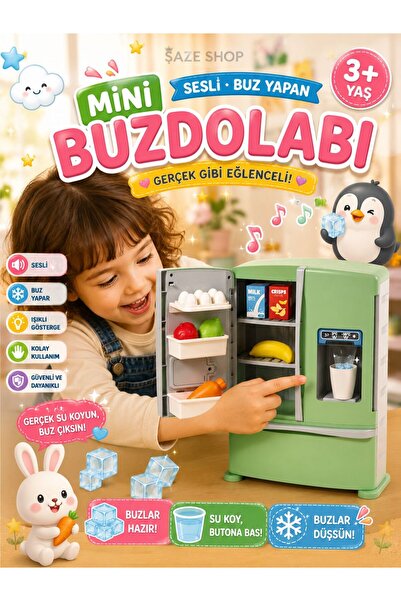 SAZE Sesli Yapan Mini Oyuncak Buzdolabı Işıklı Eğitici Mutfak Oyuncağı 3+ Yaş