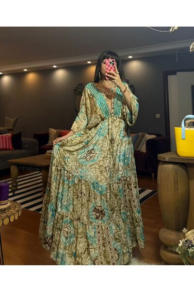 moda gk Boncuk/Nakış Detaylı Parlak Desenli Bohem İpek Elbise