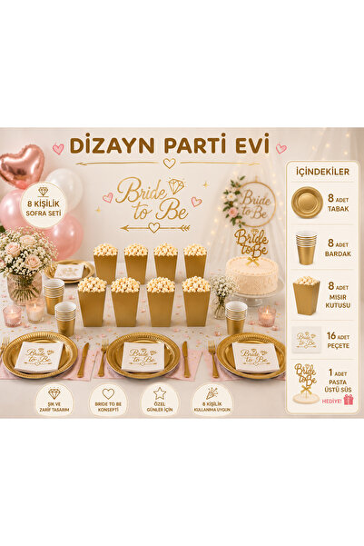 Dizayn Parti Evi Bride To Be 8 Kişilik Lüks Sofra Seti Gold – 8 Tabak 8 Barda...