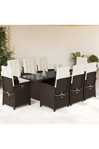 vidaxl Garden furniture set with cushions, 9 pieces, brown, polyrattan