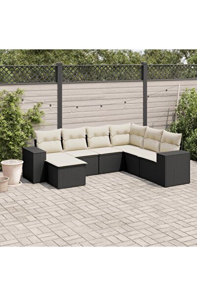 vidaxl Garden sofa set with cushions, 7 pieces, black, polyrattan
