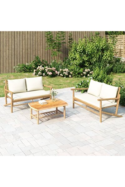 vidaxl Garden furniture set, with cream white cushions, 3 pieces, Bamboo