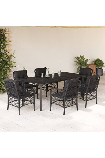vidaxl Garden furniture set with cushions, 7 pieces, black, polyrattan