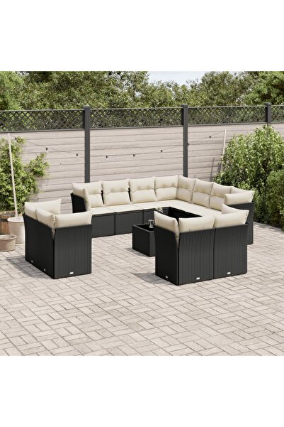 vidaxl Set canapele de gradina, 12 piese, cu perne, negru, poliratan