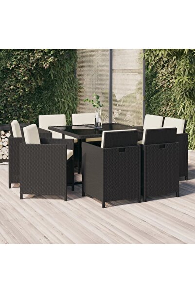 vidaxl Set mobilier de gradina cu perne, 9 piese, negru, poliratan