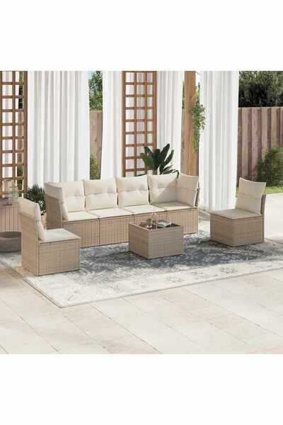 vidaxl Set canapele de gradina, 7 piese, cu perne, bej, poliratan