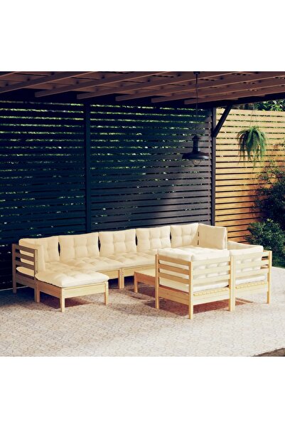 vidaxl Set mobilier gradina cu perne crem, 10 piese, lemn masiv de pin