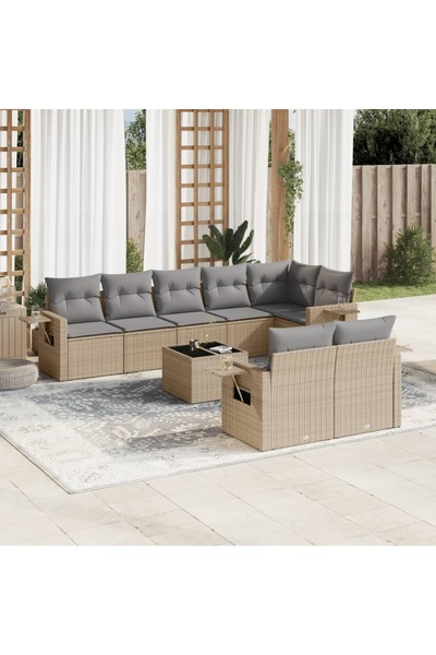 vidaxl Set canapele de gradina, 9 piese, cu perne, bej, poliratan