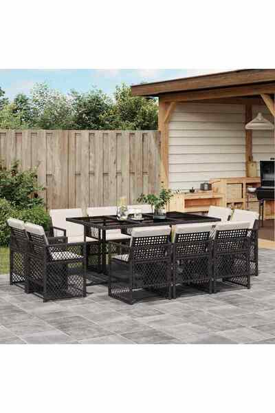 vidaxl Outdoor furniture set with cushions, 11 pieces, black, polyrattan