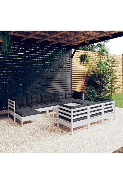 vidaxl Set mobilier de gradina cu perne, 11 piese, alb lemn masiv pin