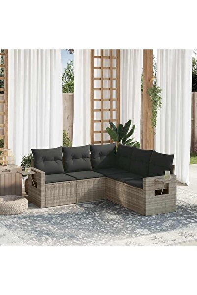 vidaxl Garden sofa set with cushions, 5 pieces, light grey, polyrattan