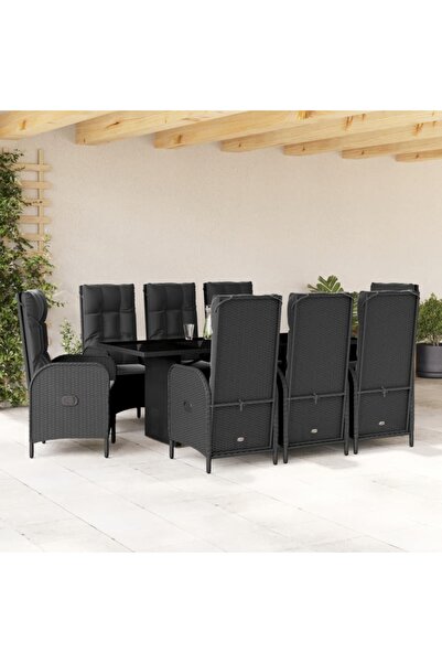 vidaxl Garden furniture set with cushions, 9 pieces, black, polyrattan