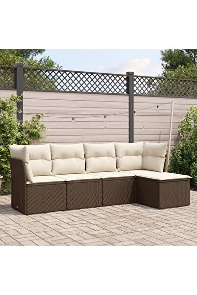 vidaxl Garden sofa set with cushions, 5 pieces, brown, polyrattan