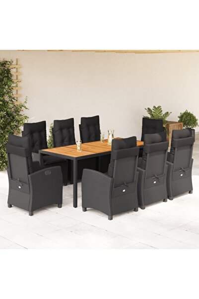 vidaxl Garden furniture set with cushions, 9 pieces, black, polyrattan