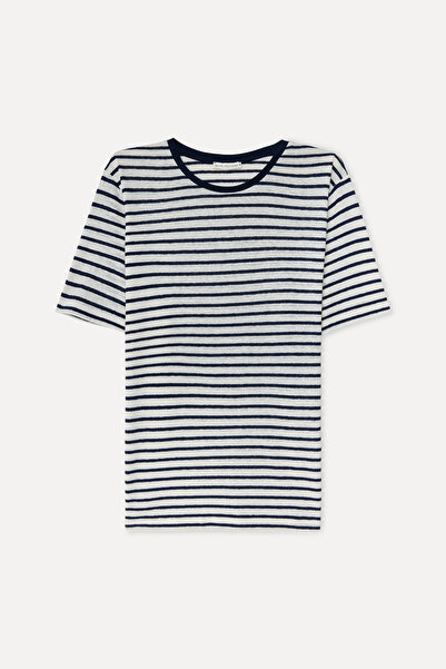 Mudo Erkek Kırık Beyaz Çizgili Bisiklet Yaka Keten Karışımlı T-Shirt