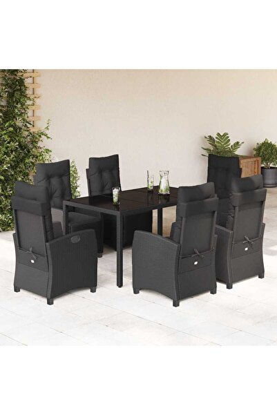 vidaxl Garden furniture set with cushions, 7 pieces, black, polyrattan