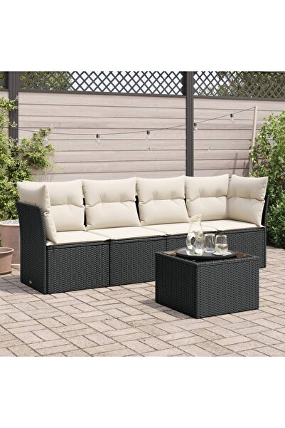 vidaxl Garden furniture set with cushions, 5 pieces, black, polyrattan