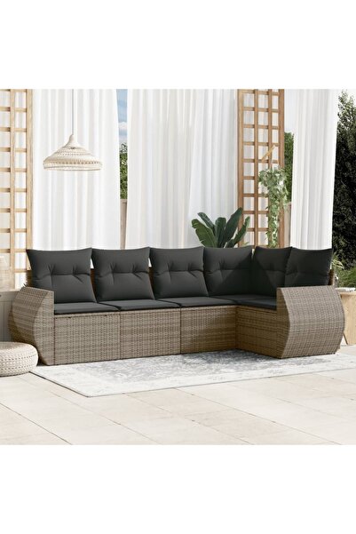 vidaxl Garden sofa set with cushions, 5 pieces, grey, polyrattan