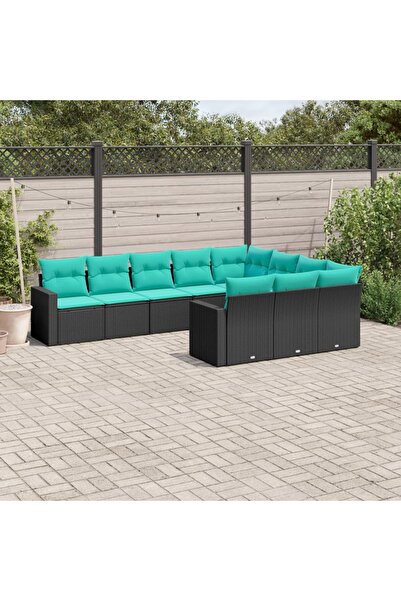 vidaxl Garden sofa set with cushions, 10 pieces, black, polyrattan