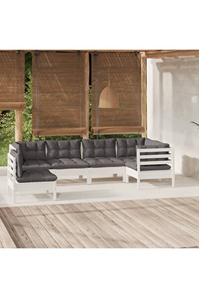 vidaxl Set mobilier de gradina cu perne, 6 piese, alb, lemn de pin