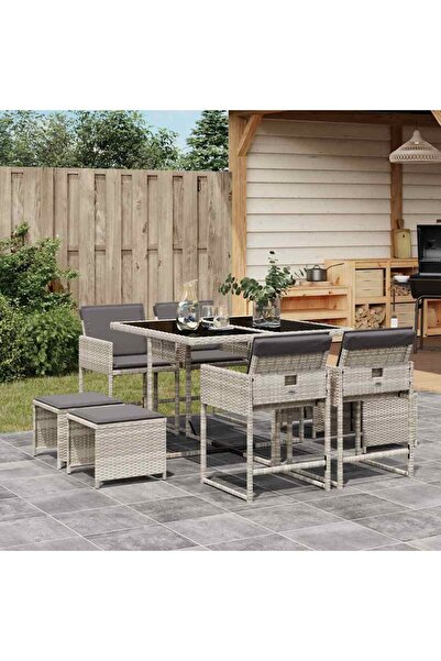 vidaxl Set mobilier gradina cu perne, 9 piese, gri deschis, poliratan