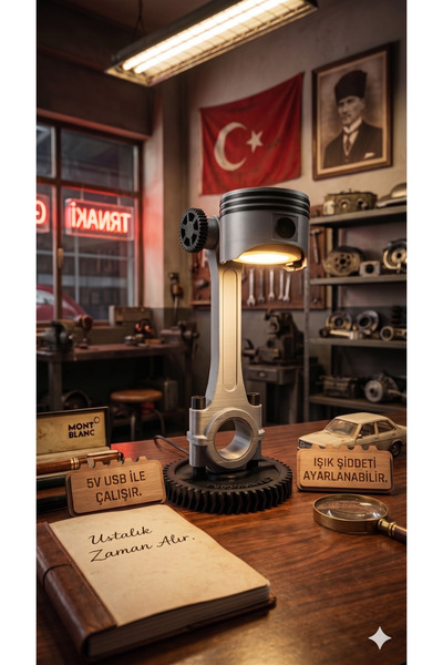 baski.zade Piston LED Dekoratif Masa Lambası, Motor Temalı Ofis Oda Garaj Dekoru