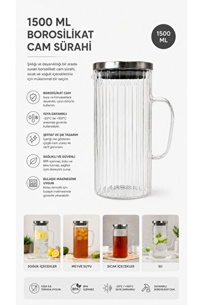 Kitchen Line 1500 ML Borosilikat Cam Sürahi Isıya Dayanıklı Şeffaf Cam Su ve ...