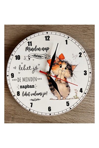 OEM Round MDF clock 20 cm, with a kitten and Hungarian text