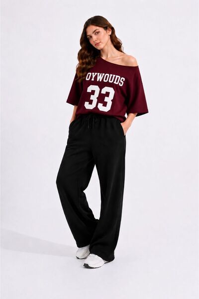 Women's Buggy Pants Wide Collar Detailed Burgundy Oywouds Printed T-Shirt Bottom Top Set