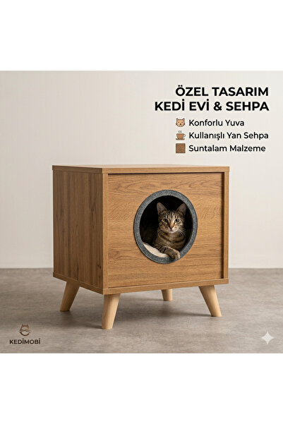 ALGE Modern Tasarım Kedi Evi & Yan Sehpa - Ceviz Desenli