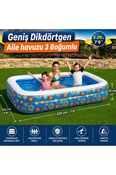 LRS STORE Geniş Dikdörtgen Aile Havuzu 229x152x56 cm 3 Boğumlu Şişme Çocuk Ha...