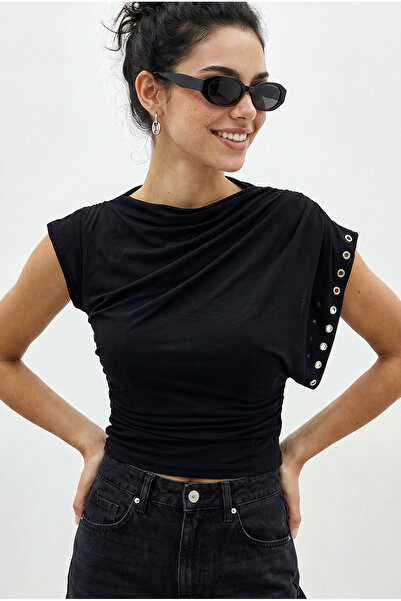 Bianco Lucci Women's Boat Neck Eyelet Studded Side Gathered Waist Fitted Drap...