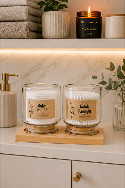 CAM Kavanoz Pamukluk Ahşap Standlı Banyo Düzenleyi 2'li Organizer 500 ml Büyü...