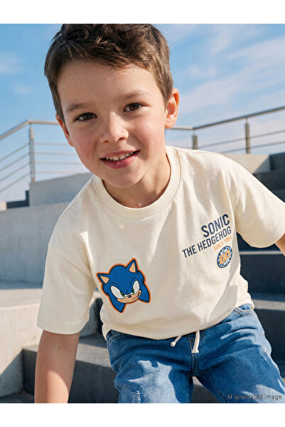 LC Waikiki Tricou de băieți cu guler rotund și imprimeu Sonic