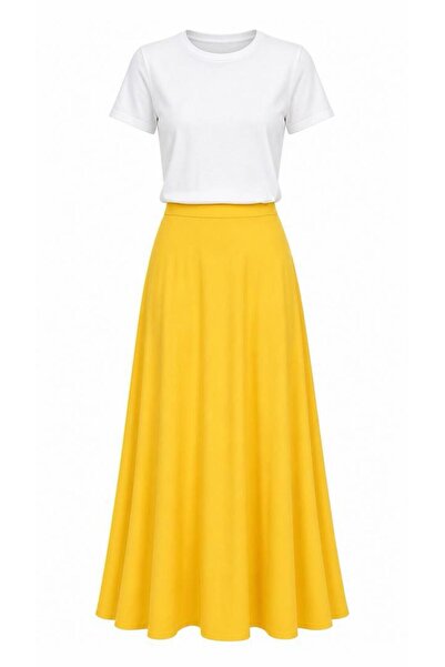 Eight Fashion Women's High Waist Plain Yellow Lined Long Viscose Skirt