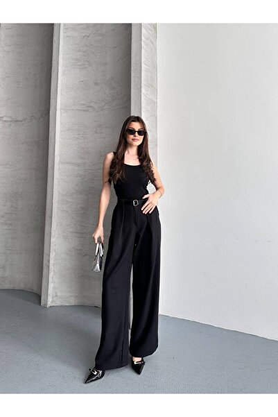 Kadın Siyah Pilili Yüksek Bel Wide Leg Pantolon