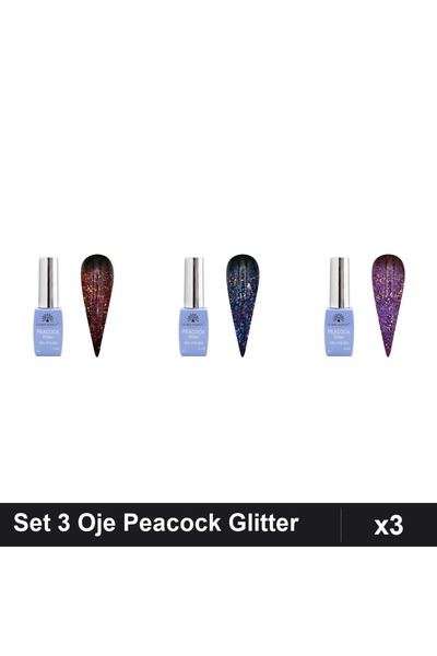Makeup Set of 3 Semi-permanent Nail Polish Peacock Glitter 8ml, Shades 02 06 ...