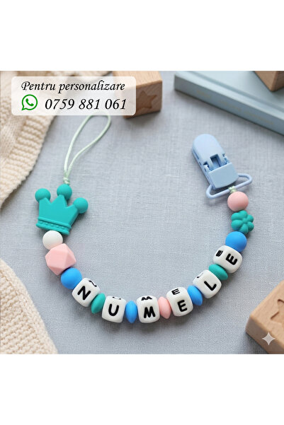 OEM Lantisor pentru suzeta, personalizat cu numele bebelusului, COROANA TURCOAZ