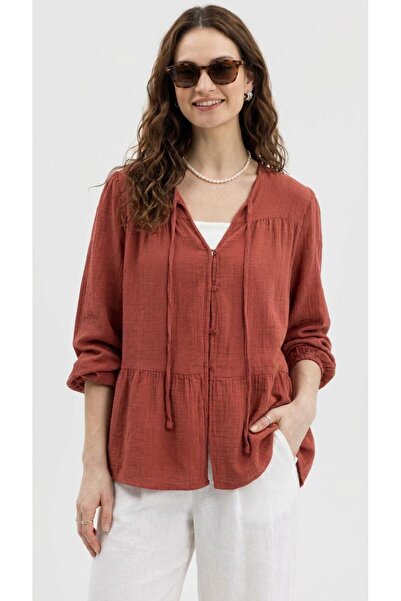 Butik Una Fiaba, Brick Red Oversize Women's Muslin Shirt with Elastic Sleeves