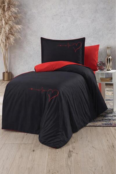 Çeyiz Diyarı Heart Double-Sided Single Duvet Cover Set Black