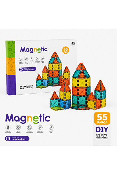 Kids 55 Parça Manyetik Yapı Blok - Çocuklar İçin Eğitici Renkli Mıknatıslı Ma...